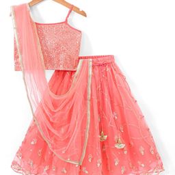Babyhug Sleeveless Sequenced Choli With Net Sequenced Embroiderd Lehenga With Dupatta Set- Peach image 2