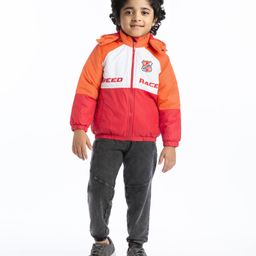 Babyhug Full Sleeves Colour Block & Text Print  Padded Jacket with Detachable Hood - Orange & Red image 2