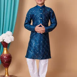 NFC CREATION Boys Embroidered Regular Sequinned Dupion Silk Kurta with Pyjamas-8