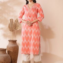 FASHOR Floral Printed Pure Cotton Round Neck Straight Kurta-image-13