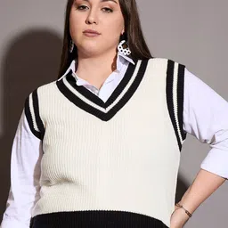 SASSAFRAS Curve Women StripedV-Neck Sweater Vest-image-92