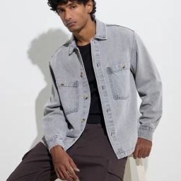 WES Casuals by Westside Grey Faded Relaxed-Fit Denim Jacket-31