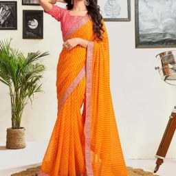 Satrani Yellow & Pink Leheriya Saree With Unstitched Blouse-image-37