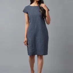 W Blue Cotton Chequered A-Line Dress-image-37