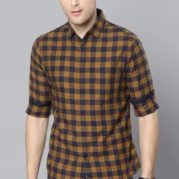 Dennis Lingo Mustard & Navy Cotton Slim Fit Checks Shirt-image-92