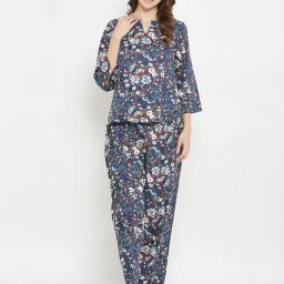 Clovia Blue Cotton Floral Print Top Pyjama Set-image-61