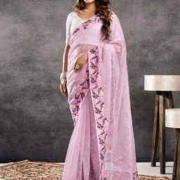 Satrani Pink Embroidered Saree With Unstitched Blouse-image-68