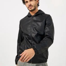 Styli Black Synthetic Leather Hooded Printed Jackets-picture-32