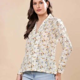 Cation Off White & Yellow Cotton Printed Shirt-image-32