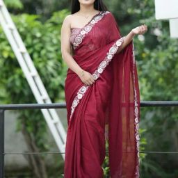 Saree Mall Maroon Satin Embellished Saree with Blouse Piece-image-67