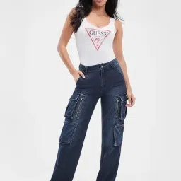 Guess Blue Cotton Solid Cargo Jeans-image-95