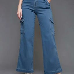 Miss Chase Blue Wide Leg High Rise Clean Look Regular Stretchable Denim Jeans-image-99