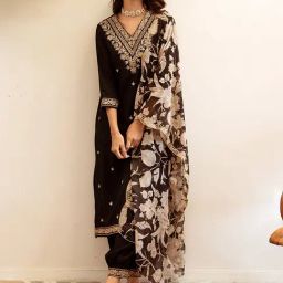 Indo Era Black Embroidered Kurta Salwar Set With Dupatta-image-1