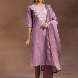 Libas Purple Cotton Embroidered Kurta Pant Set With Dupatta-image-79