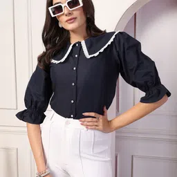 Style Quotient Women Peter Pan Collar Puff Sleeve Shirt Style Top-image-57