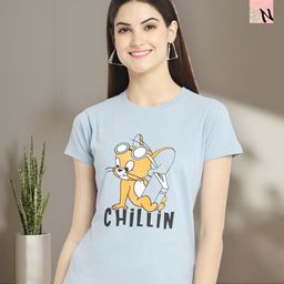 Dreambe Women Pack of 2 Tom & Jerry Graphic Printed Round Neck Cotton Regular Fit T-shirts-image-100