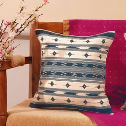 JAYPORE Blue & White Geometric Woven Design Silk Square Cushion Cover-image-29