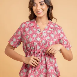 SUTI Coral Floral Printed Shirt Style Cotton Cinched Waist Top-picture-39
