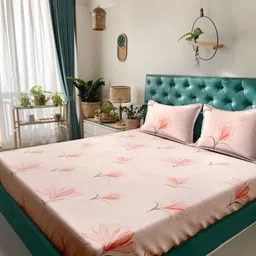 Arrabi Peach-Coloured Floral 300 TC King Bedsheet with 2 Pillow Covers-34