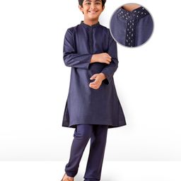 Earthy Touch Woven Full Sleeves Solid Print Kurta & Pyjama Set - Navy Blue-image-103