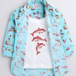 Polka Tots Full Sleeves Beach Theme Printed Shirt With Dolphin Printed Attached T Shirt - Sky Blue-image-33