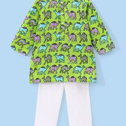 Babyhug Cotton Woven Full Sleeves Camel Printed Kurta Pyjama Set - Green-image-97