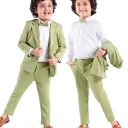 Babyhug Woven Full Sleeves Stretch Fit Party Suit With Bow - Green & White-image-54