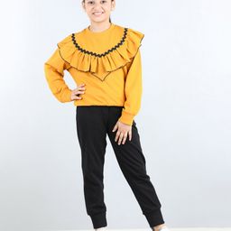 Aww Hunnie Full Sleeves Frill Detailed & Lace Embellished Autumn Winter Wear Sweatshirt With Side Pockets Lower - Mustard Yellow-picture-20