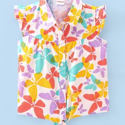 Babyhug  Rayon Woven Frill Sleeves Front Open Top with Knot Detailing Butterfly Print - White-image-11