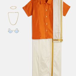 THANGAMAGAN Viscose Half Sleeves Solid Shirt With Mundu & Angavastram With Freebies Set - Orange-image-21