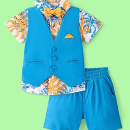 Ollington St. 100% Cotton Knitted Half Sleeves Leaf Printed Shirt & Shorts Set with Waist Coat & Bow - Multicolour-image-47