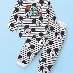 Babyhug Disney Cotton Knit Full Sleeves Night Suit With Mickey Mouse Graphics - White-image-88