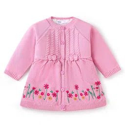 Babyoye Cotton Knitted Full Raglan Sleeves Woollen Dress with Floral Embroidery & Bow Applique - Pink-picture-41