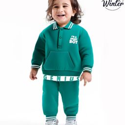 Babyoye 100% Cotton Knit Full Sleeves Collared Winter Wear Suit With Kangaroo Pocket & Embossed Text - Green-picture-15
