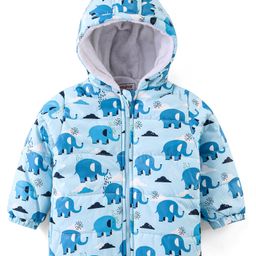 Babyhug Woven Full Sleeves Padded Hooded Jacket with Elephant Print - Blue-image-74