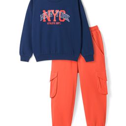 Honeyhap Premium 100% Cotton Knit Full Sleeves Winter Wear Suit With Bio Finish Text Print - Navy Peony & Spicy Orange-image-42