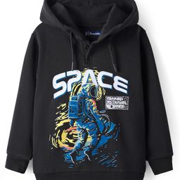 Pine Kids Cotton Knit Full Sleeves Hooded Sweatshirt with Space Theme Print - Black-image-84