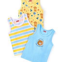 Babyhug 100% Cotton Knit Sleeveless Sandos with Stripes & Animal Print Pack of 3 - Yellow & Blue-image-31