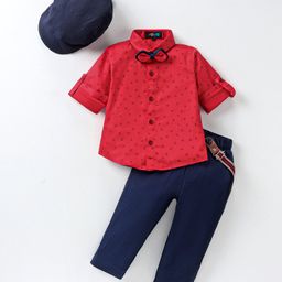 Robo Fry Cotton Woven Full Sleeves Party Shirt & Trouser Set with Bow Hat & Suspender & Polka Dot Print - Red & Blue-image-97