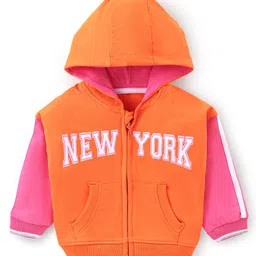 Babyhug Cotton Knit Full Sleeves Hooded Sweatjacket With Text Prints & kangaroo Pockets - Orange-picture-19