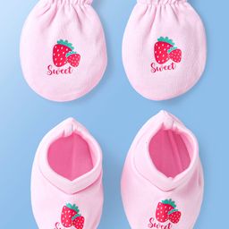 Doodle Poodle Interlock Cotton Knit Mittens Set Strawberry Print - Pink-image-41
