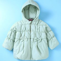Little Kangaroos Knit Full Sleeves Hooded Quilted Jacket with Bow Applique - Sea Green-21