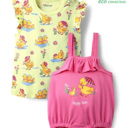 Babyoye Eco Conscious 100% Cotton Cap Sleeves Inner T-Shirt & Dungree Style Onesie With Duck Print - Pink & Yellow-image-90