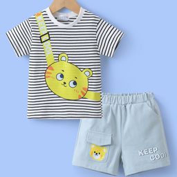 Mark & Mia Cotton Half Sleeves Striped T-Shirt & Shorts Set with Tiger Sling Bag Print - Light Blue & White-image-96