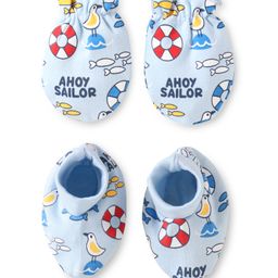 Babyhug 100% Cotton Knit Mittens & Booties Set with Nautical Theme Print - Light Blue-image-42
