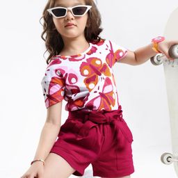 OLLINGTON ST. Cotton Knit Half Sleeves Printed Top & Shorts - White & Purple-image-77