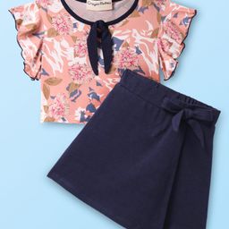 CrayonFlakes Floral Printed Crop Top & Flapped Solid Skort Set - Navy-picture-17