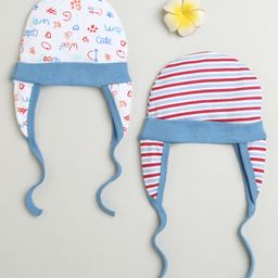 BUMZEE Cotton Pack Of 2 Striped & Hearts Printed Tying Caps With Ear Flaps - White & Multi Colour-23