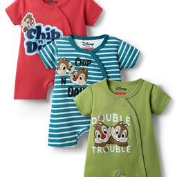 Babyhug Disney Interlock Knit Half Sleeves Front Open Rompers With Chip N Dale Graphics Pack of 3 - Green Blue & Red-image-33