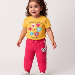 Doodle Poodle 100% Cotton Knit Half Sleeves Floral Printed T-Shirt & Joggers Set with Tape Detailing - Yellow & Pink-picture-29